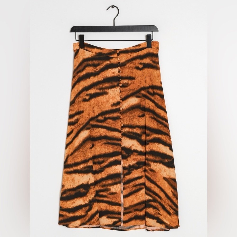 Mango Tiger Print Button-Front A-Line Midi Skirt Size XS/S